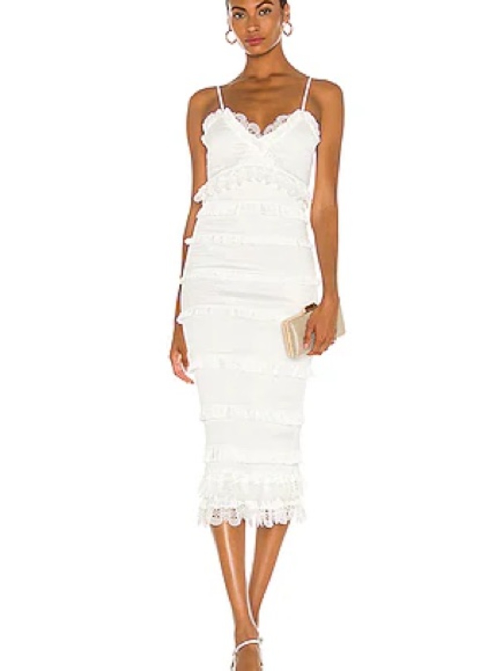 V. Chapman Narcisse White Ruffled Lace-Trim Midi Smocked Bodycon Dress Sz 8 NWT